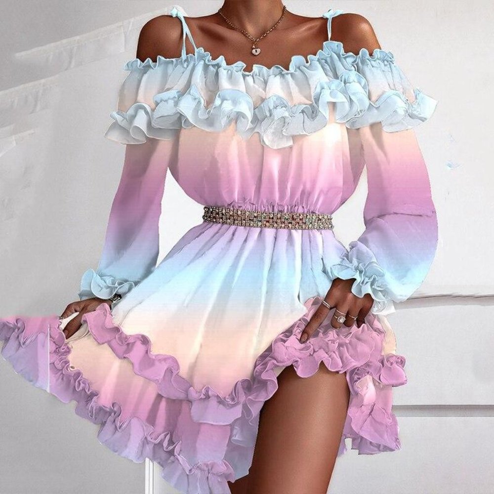 Off Shoulder Ruffle Long Sleeve Mini Dress - Picture 2 of 4